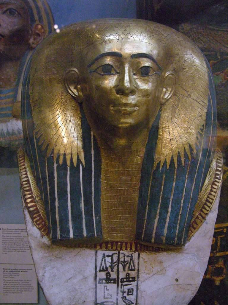British Museum Top 20 05 Satdjehuty Mummy Mask 5. Satdjehuty mummy mask - Thebes Egypt, about 1500 BC, 33cm high. The burial of Satdjehuty was discovered around 1820. The winged head-dress on this mask is a feature found on funerary headpieces and coffins, and perhaps denotes protection of the deceased by a deity.